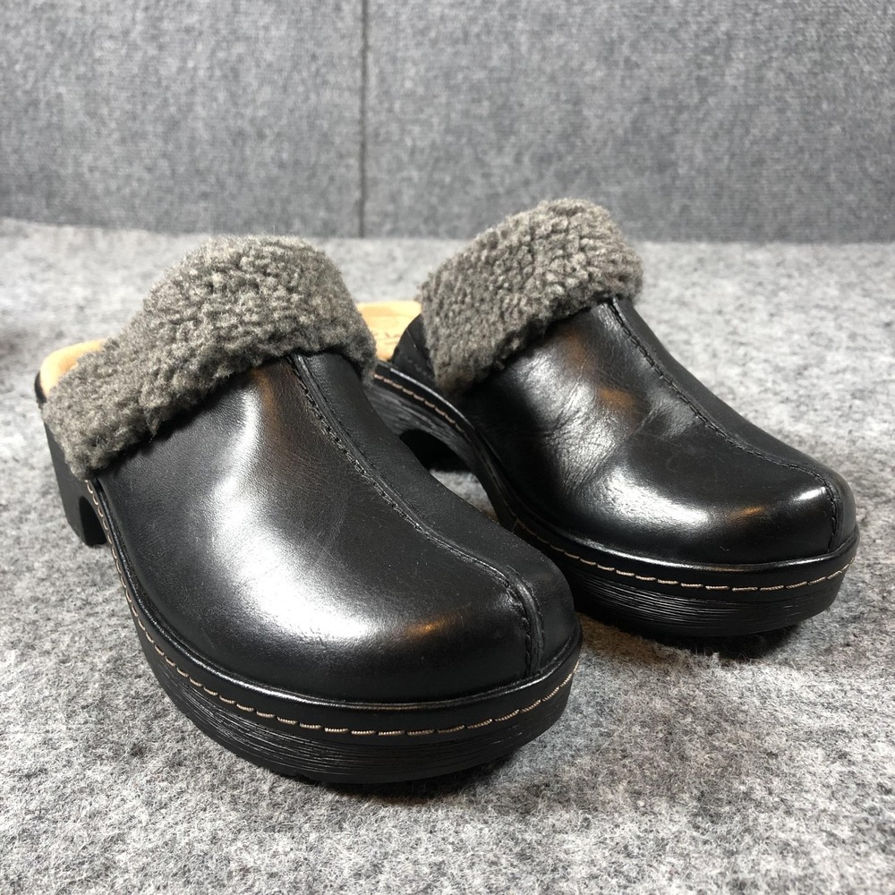 Clarks Collection Shoes Womens 7.5 M‎ Black Leather Clog Mules Faux Fur Lined